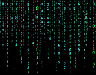 Green code-like numbers cascade down a black screen, resembling a digital data stream or matrix effect.