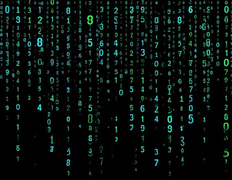Green code-like numbers cascade down a black screen, resembling a digital data stream or matrix effect.