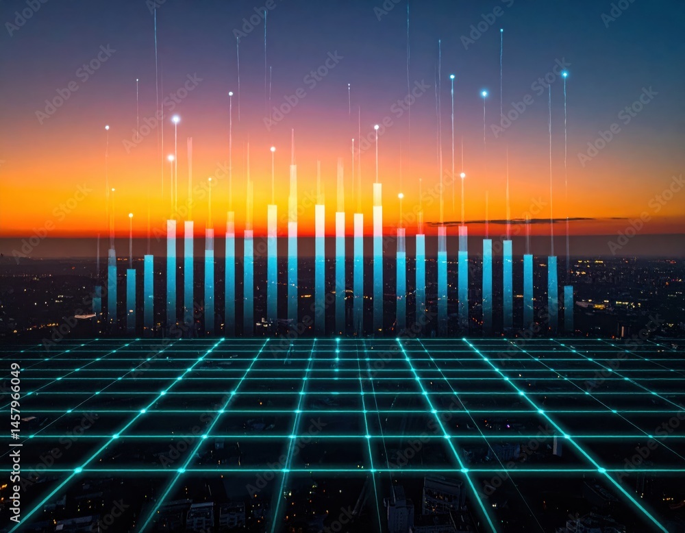 Poster a digital cityscape at sunset with glowing bar graphs and a neon grid overlay, symbolizing technolog