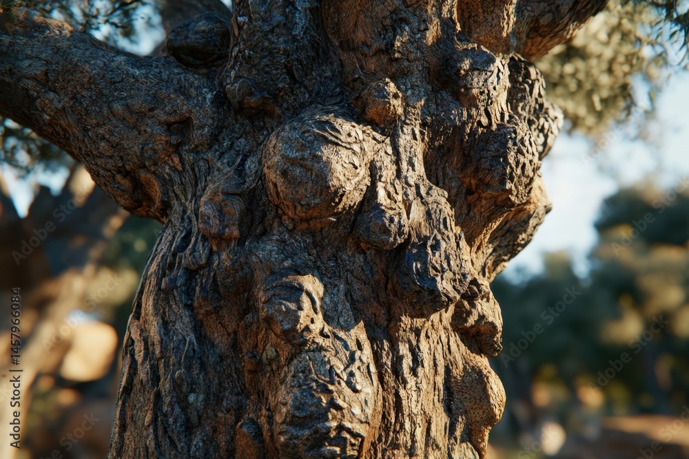 Poster close-up of old growth tree trunk with burls and knots in forest setting with sunlight and texture