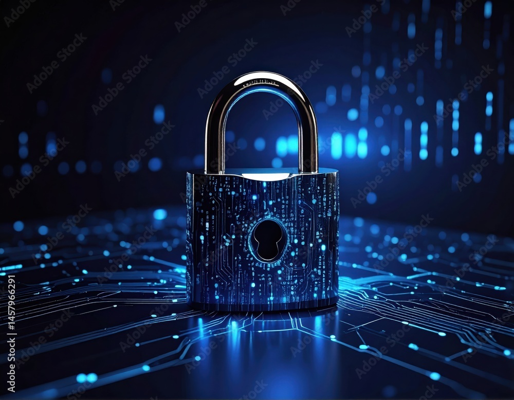 Poster a shiny padlock sits on a digital circuit board, symbolizing cybersecurity and data protection in a 