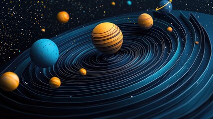 Colorful planets in a swirling cosmic vortex.