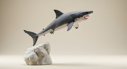 Pixelated Great White Shark Leaping from Pixelated Stone Against Beige Gradient Background