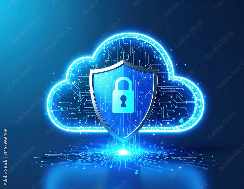 Poster a glowing digital cloud with a shield and padlock symbolizes cloud security and data protection.