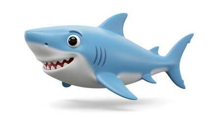 Obraz premium Playful Blue Cartoon Shark with White Belly and Red Teeth 3D Rendering Isolated on White Background for Kids Education Material