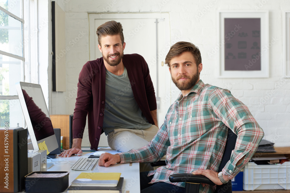 Poster portrait, business and men on computer in office for research, planning and ideas as web designer wi