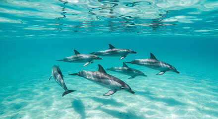 Fototapeta premium Pod of Dolphins Swimming Gracefully in Turquoise Water with Sandy Seabed Underwater Marine Wildlife