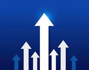 Multiple white and blue arrows pointing upward against a blue gradient background, symbolizing growth and progress.