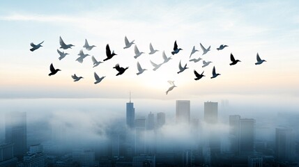 Swifts in Flight Over Cityscape with Urban Pollution and Mist