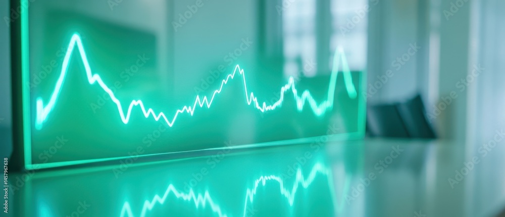 Poster green glowing line graph on screen showing financial data analysis and market trends with reflection