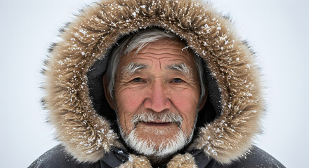 Resilient Elderly Indigenous Man Covered in Snow Wearing a Fur Lined Hooded Parka in Extreme Cold Weather
