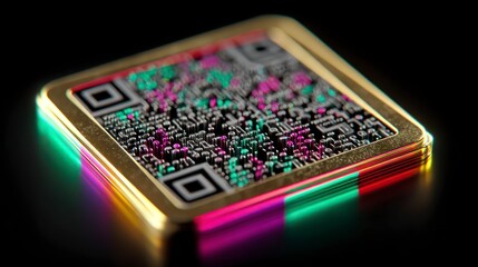 Futuristic Microchip with Neon Lights and QR Codes HighTech Digital Component for Technology
