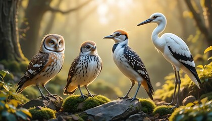Obraz premium Charming gathering of varied bird species within the ethereal forest backdrop