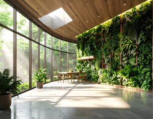 Fototapeta premium Modern room with floor-to-ceiling windows, abundant sunlight, lush green vertical garden, and wooden ceiling, creating a tranquil indoor-outdoor atmosphere.