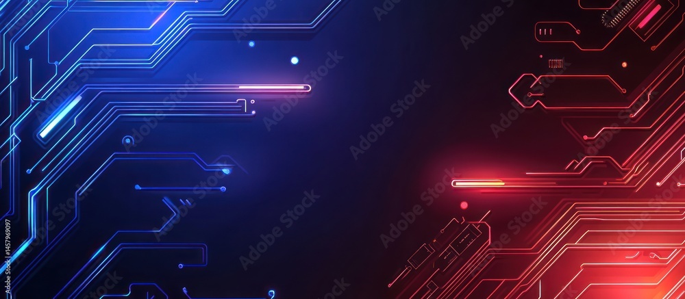 Poster futuristic circuit board background with glowing neon lines and data flow