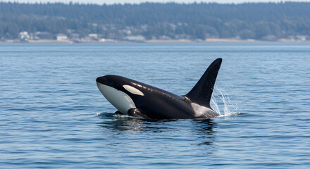 Fototapeta premium Striking Orca Surfacing in Calm Blue Ocean with Coastal Background of Green Trees and Houses