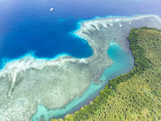 Healthy coral reefs fringe the idyllic islands of Garacie, near Halmahera, Indonesia. This scenic, biodiverse area lies between Sulawesi and Raja Ampat. It is a destination for divers and snorkelers.