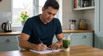 Man records his healthy eating goals alongside his nutritious smoothie bowl