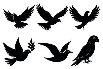 Elegant Flying Bird Silhouettes Collection On White Background, Minimalist Vector Art, Bundle Of 6 Birds