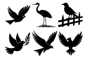 Fototapeta premium Creative Flying Bird Silhouette Vector Collection on White Background Bundle of 6 Birds | Unique Vector Animals in Motion