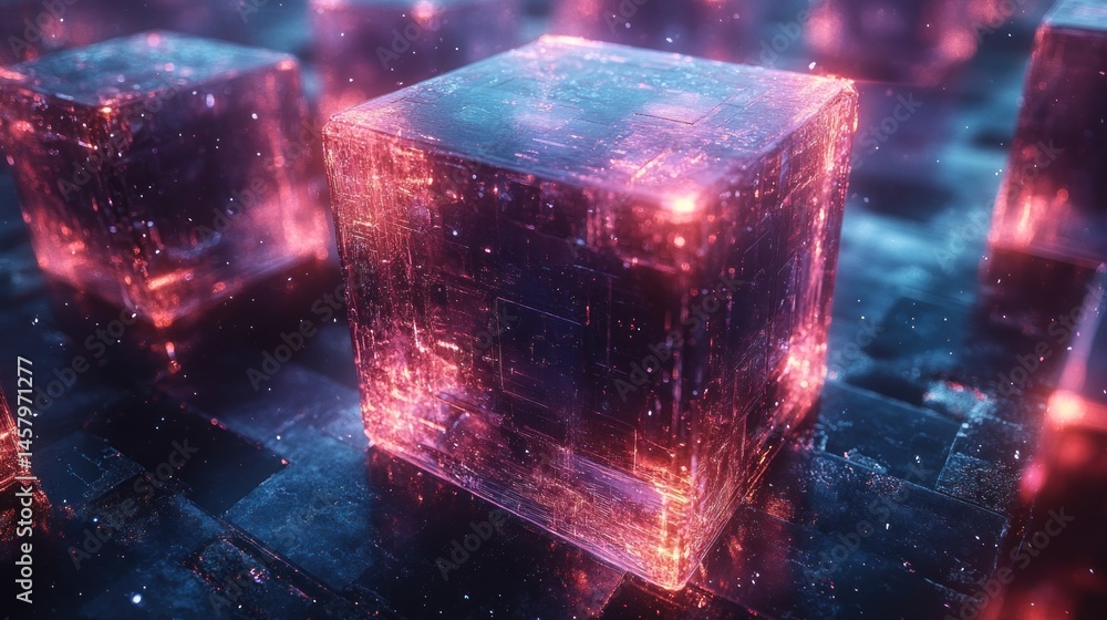 Poster abstract luminous cubes arrangement with intricate digital structures