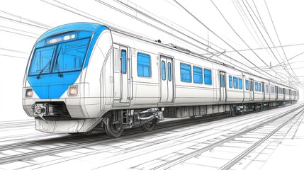 Modern Electric Train on Railway Sketch in Blue and White Minimalist Design