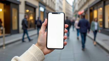 Hand holding smartphone in urban street, casual attire, busy city life, blank screen for text overlay, vibrant atmosphere.