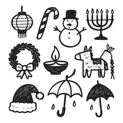 Hand Drawn Seasonal and Holiday Icon Set Doodle Style Black Line Illustration