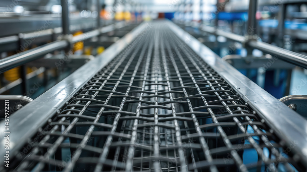 Poster metal belts in machinery create strong conveyor system for efficient industrial production and smoot