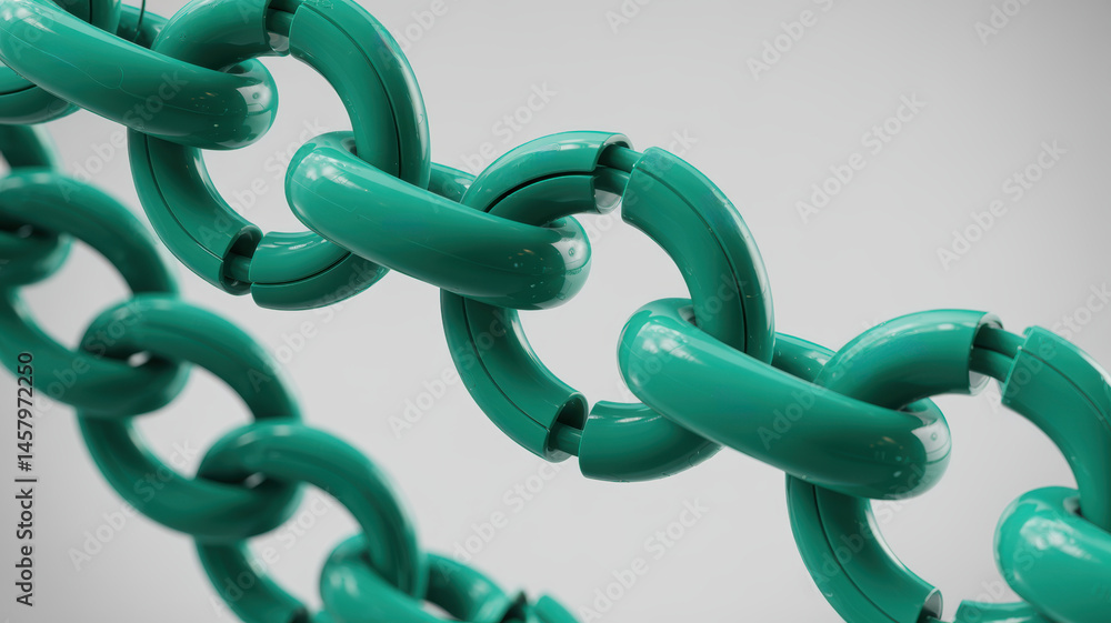 Poster green plastic chain links connected in close up view resembling belts used in machinery with smooth 