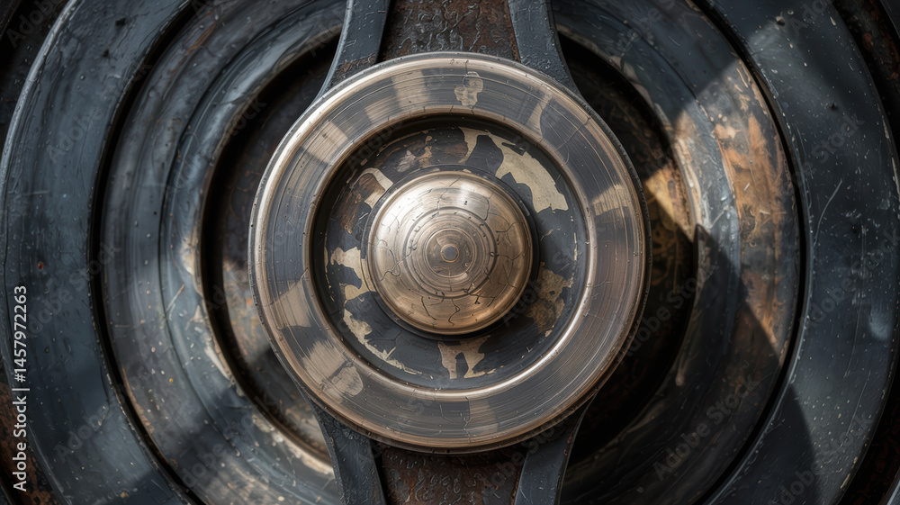 Poster metal machinery belts and circular parts form worn industrial mechanism with rust and scratches crea