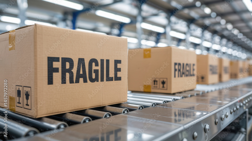 Poster fragile cardboard boxes move along belts in warehouse with machinery designed for efficient packagin