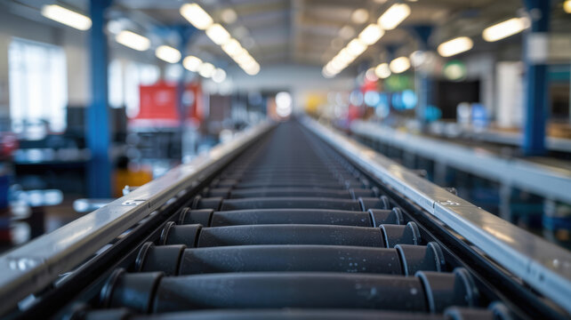 Conveyor belts in industrial machinery create efficient system for moving products through busy factory with focused lighting and metal components