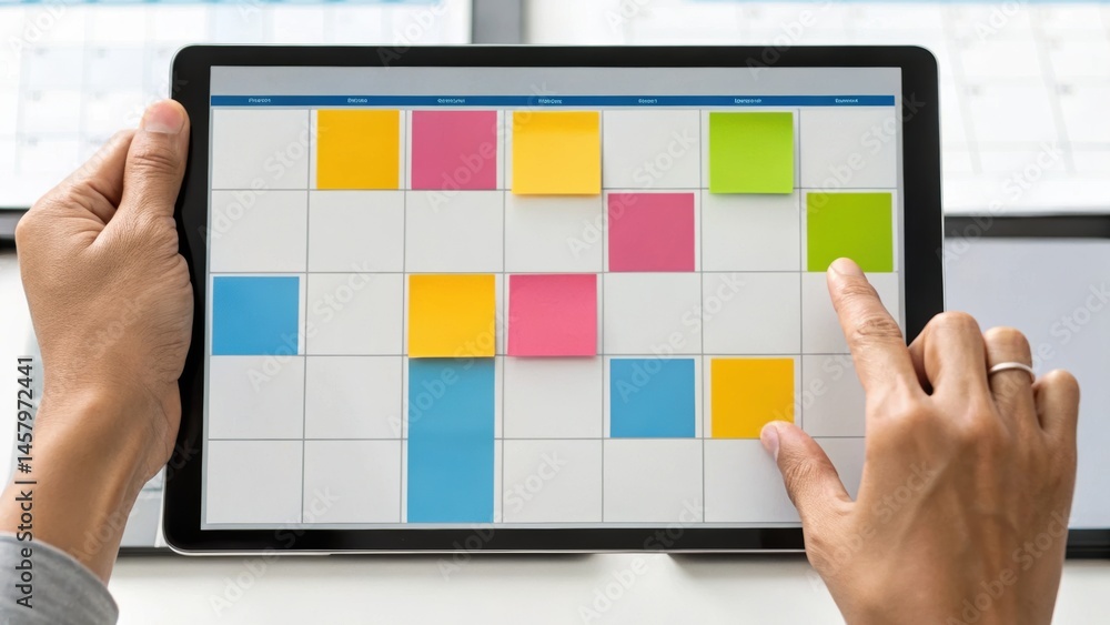 Poster a person organizing tasks on a digital calendar with colorful sticky notes on a tablet, emphasizing 