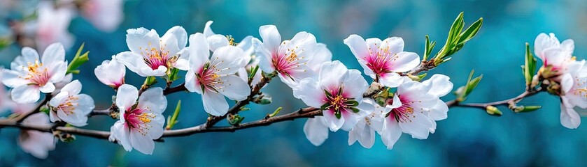 Fototapeta premium Blossoming apricot tree branches against blue peaceful background concept. Beautiful cherry blossom flowers in full bloom on a clear day.