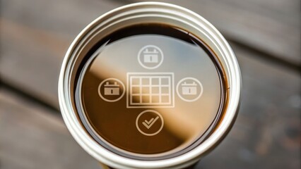 A close-up view of a circular device with a glossy surface, displaying icons related to scheduling and task management.