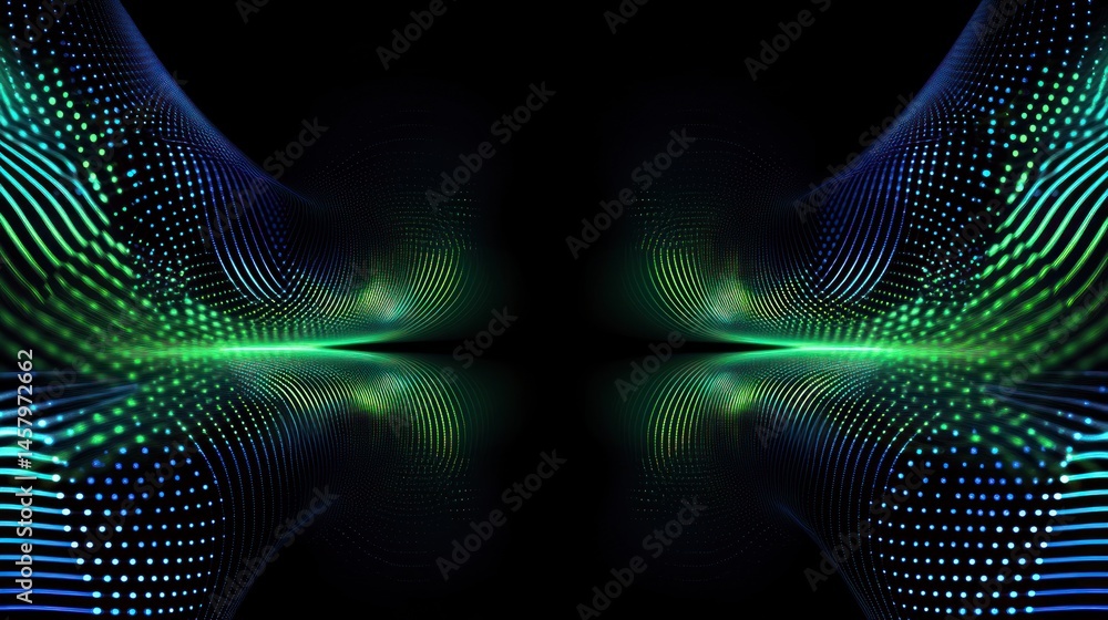 Poster symmetrical display of glowing light streaks creates an abstract wave pattern, suitable for technolo