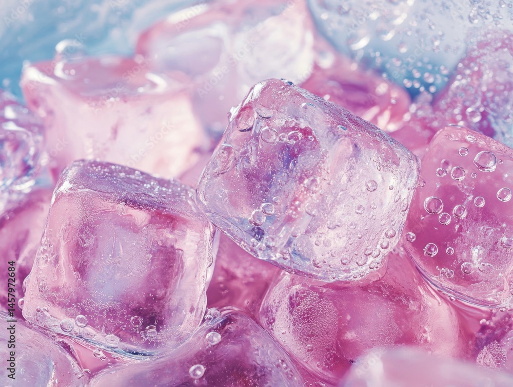Aufkleber close up of pink ice cubes with bubbles creating a refreshing and cool vibe in a soft light studio s