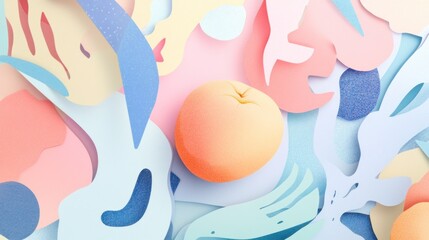 Whimsical Collage of Pastel Shapes and a Spherical Orange Object Arrangement