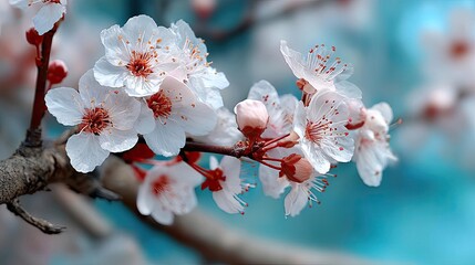 Blossoming apricot tree branches against blue peaceful background concept. Beautiful cherry blossoms blooming in soft pastel colors.