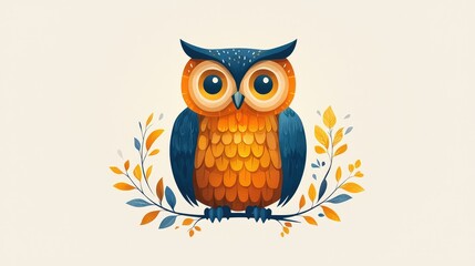 Fototapeta premium Cute owl perched on branch with autumn leaves. A whimsical illustration of a stylized owl, orange and navy blue, sitting on a branch with autumnal foliage. Bright, expressive 