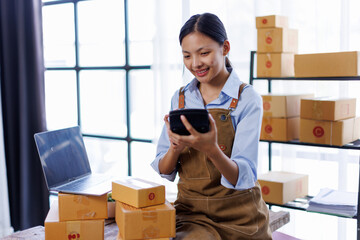 Asian woman SME business owner online shopping working on laptop computer with parcel box at home...