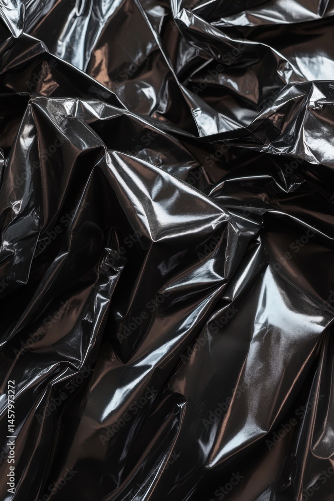 Aufkleber abstract close-up of shiny black plastic sheet with folds and creases studio shot for background tex