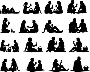 Picnic Silhouettes: People Enjoying Food and Drinks