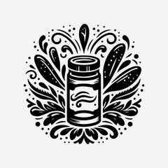 Monochromatic vector artwork depicting garlic herbs seeds spice and a medicinal bottle for holistic organic health