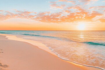Obraz premium Serene Beach Scape with Turquoise Ocean Waves Under Peach Sky at Sunset