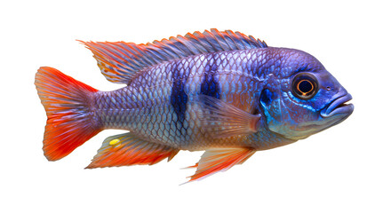 Fototapeta premium Close Up Blue and Orange Malawi Cichlid Fish with Black Stripes Isolated on White Background