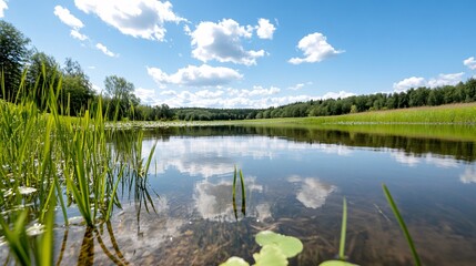 Serene Wetlands Reflecting Clouds and Greenery Under Blue Sky
