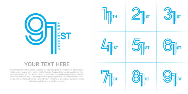 Anniversary logo style double line number set. blue color on white background for celebration event