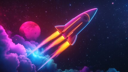 Naklejka premium Futuristic Rocket Soaring Through Neon Clouds and Cosmic Skies in Vibrant Glow